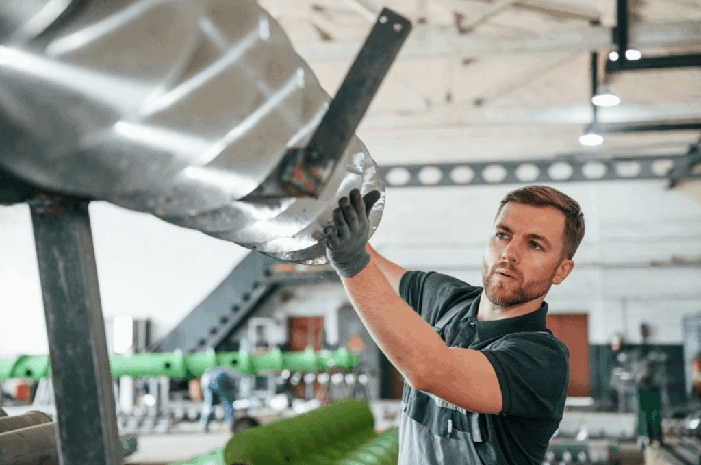 A worker fixing machinery in a manufacturing plant.