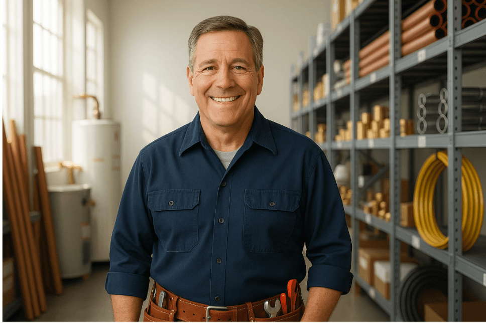 Middle-aged man smiling in his plumbing uniform.