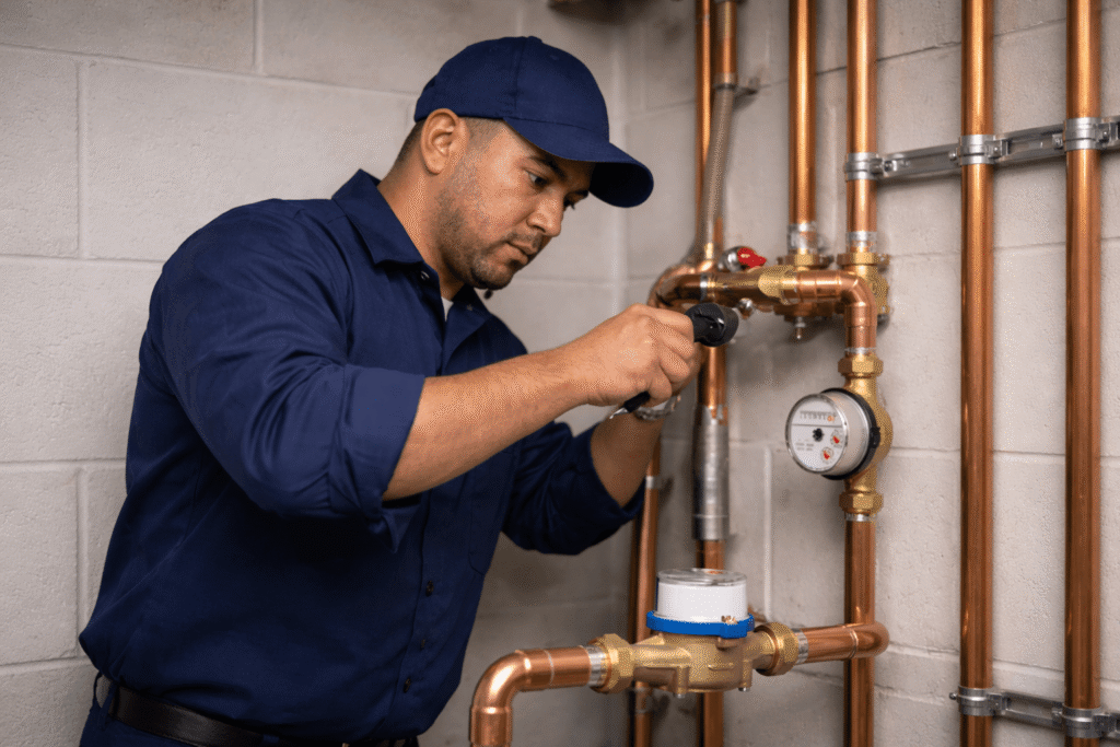 Plumber wearing a blue hat fixing a copper pipe.