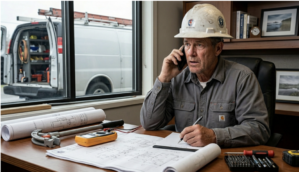 Electrician making a phone call at his desk.